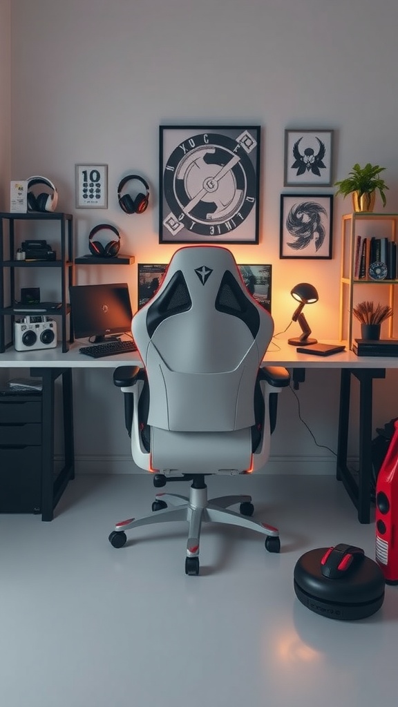 A modern gaming setup featuring an ergonomic gaming chair, stylish desk, and ambient lighting.