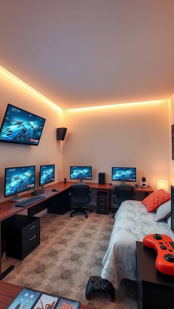 A stylish teen boy's bedroom designed for gaming, featuring multiple monitors and a cozy bed.