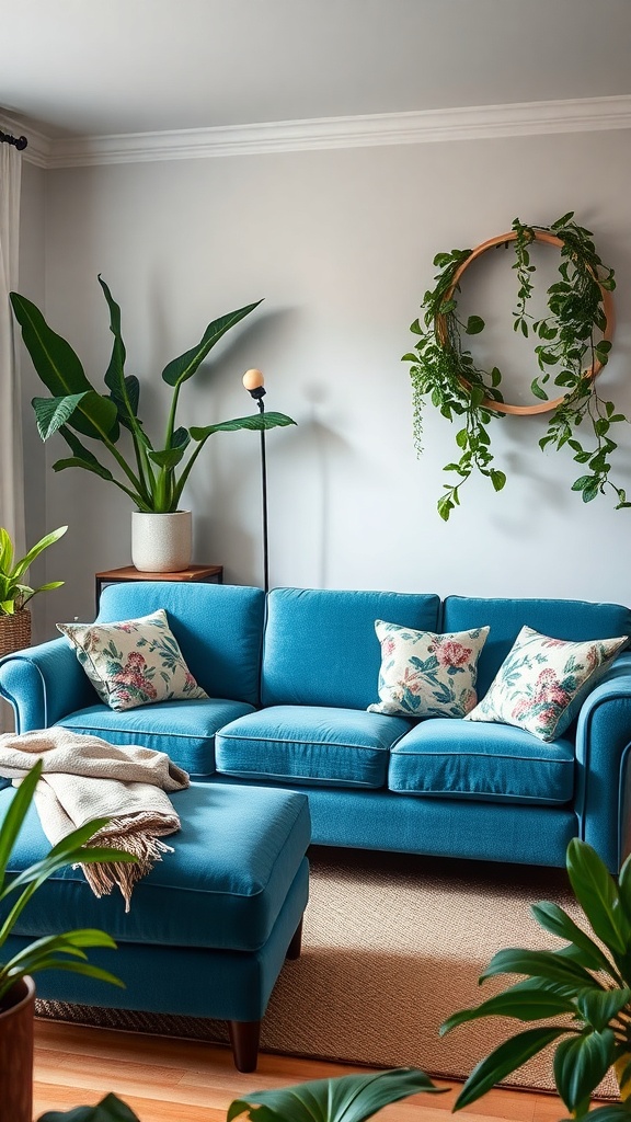 A cozy living room featuring a blue sofa with floral accent pillows, surrounded by plants and a circular wall decoration.