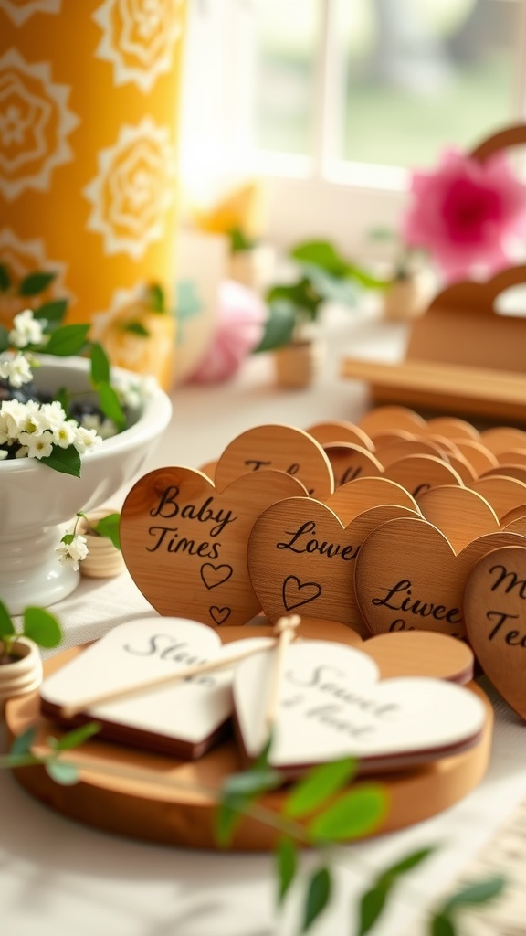 Heart-shaped wooden tokens with phrases for a guest book alternative at a baby shower
