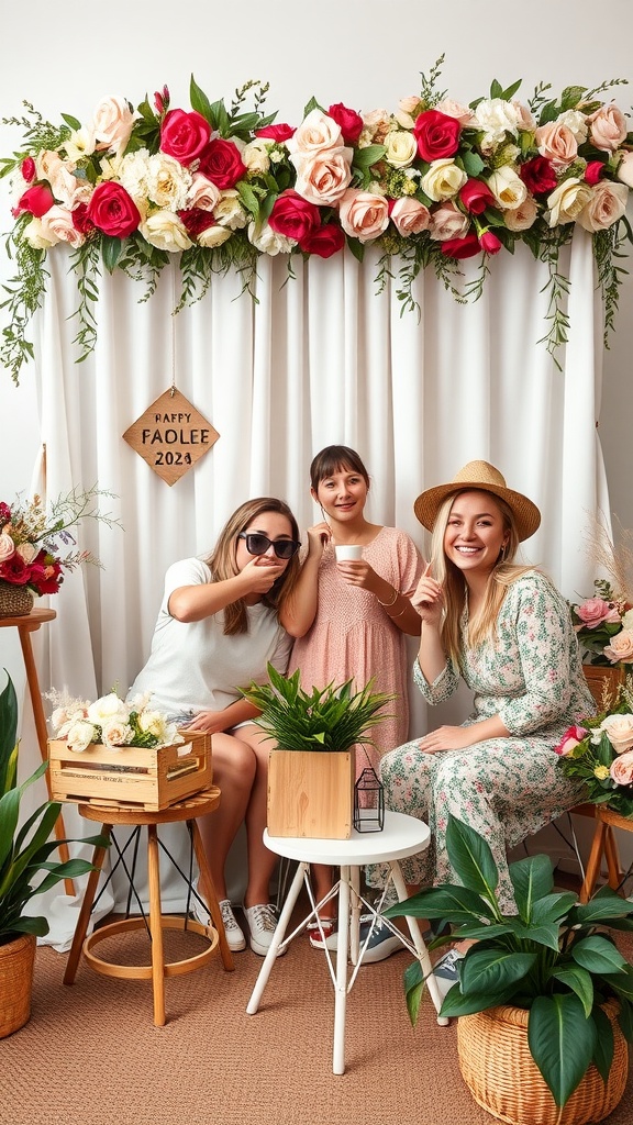 A garden-themed photo booth with friends posing in front of a floral backdrop.