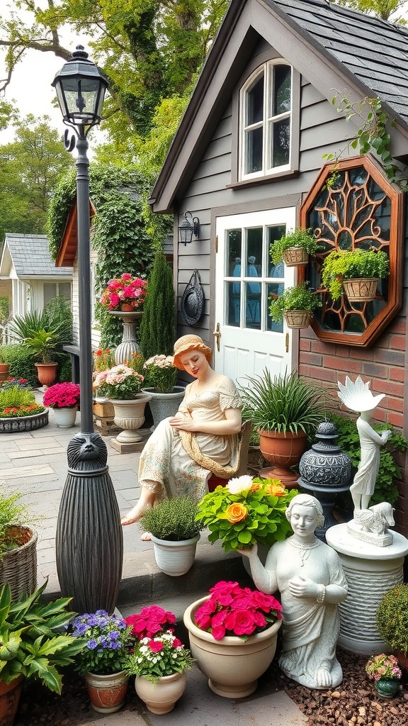 A charming English country garden with colorful flower pots, a decorative statue, and a vintage lamp post.