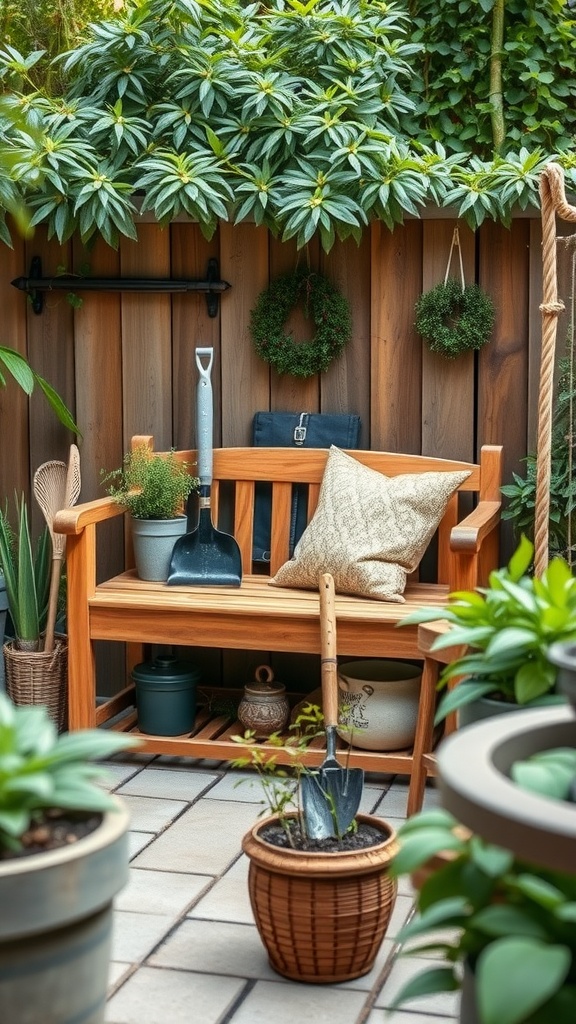 A cozy wooden garden bench with storage surrounded by plants and decorative items