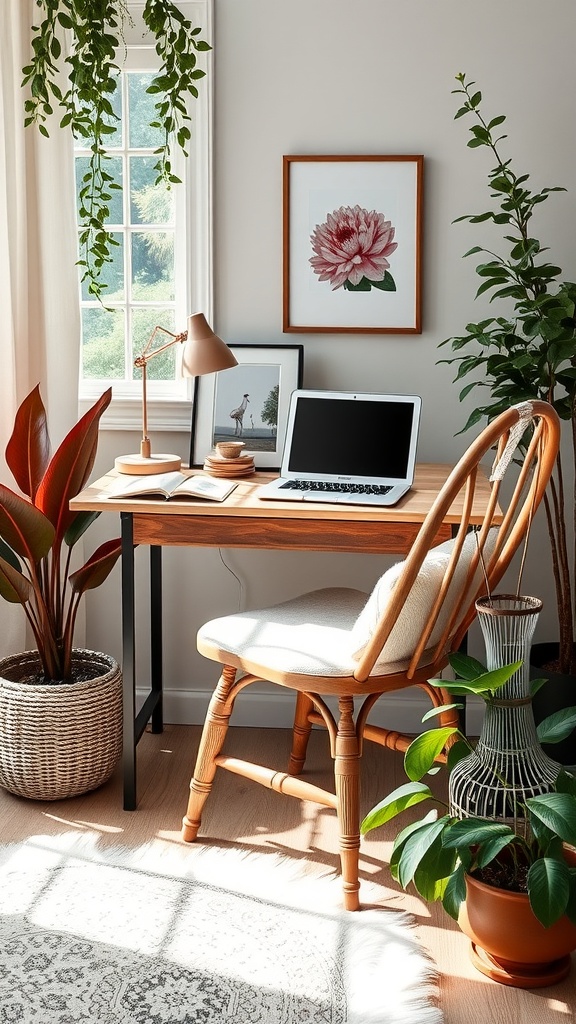 A garden chair converted to a desk setup with a laptop and plants.