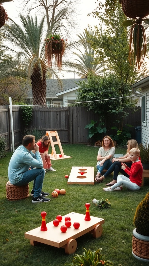 A backyard baby shower with guests playing garden games on a green lawn.