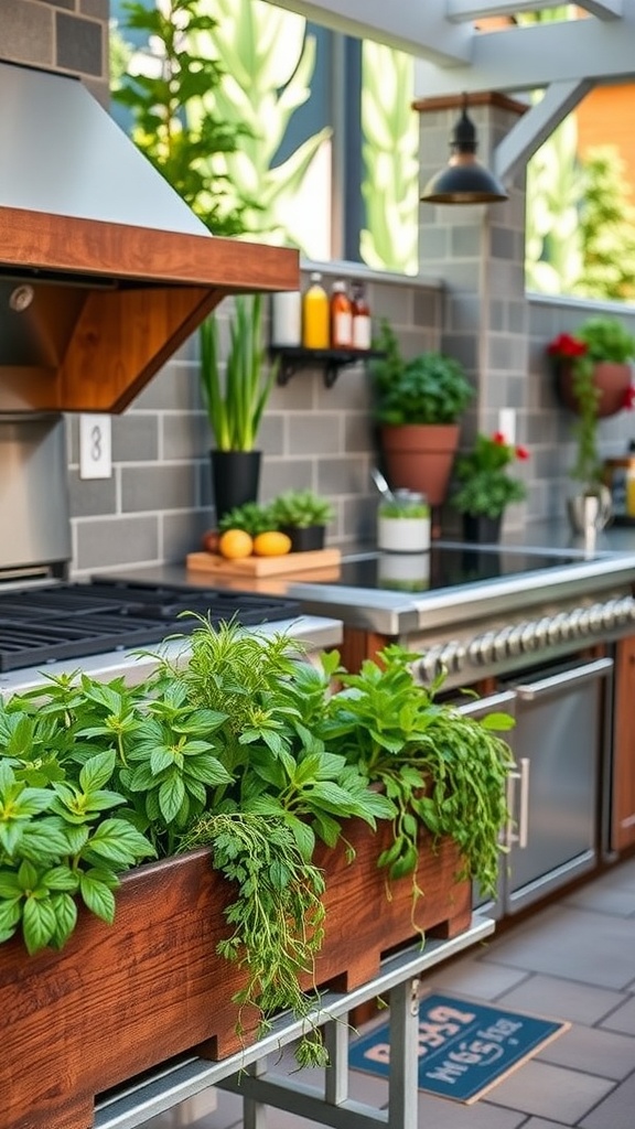 A garden herb planter filled with fresh herbs in an outdoor kitchen setting.