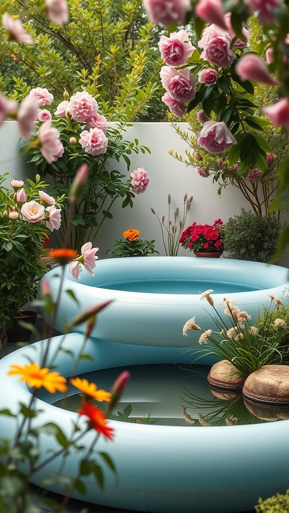 An inflatable pool surrounded by blooming flowers and greenery in a backyard setting.