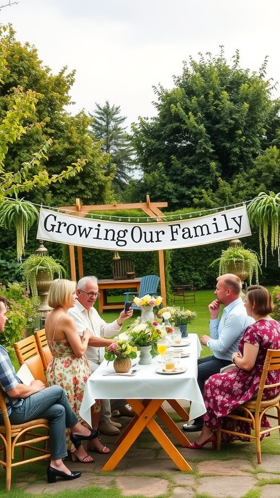 A lively garden party with a table set for a family gathering, a banner reading 'Growing Our Family', and people enjoying the occasion.