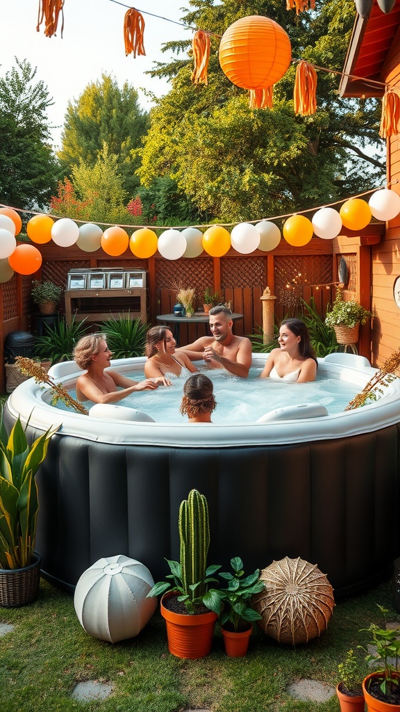 A group of friends enjoying a garden party in an inflatable hot tub, surrounded by festive decorations.