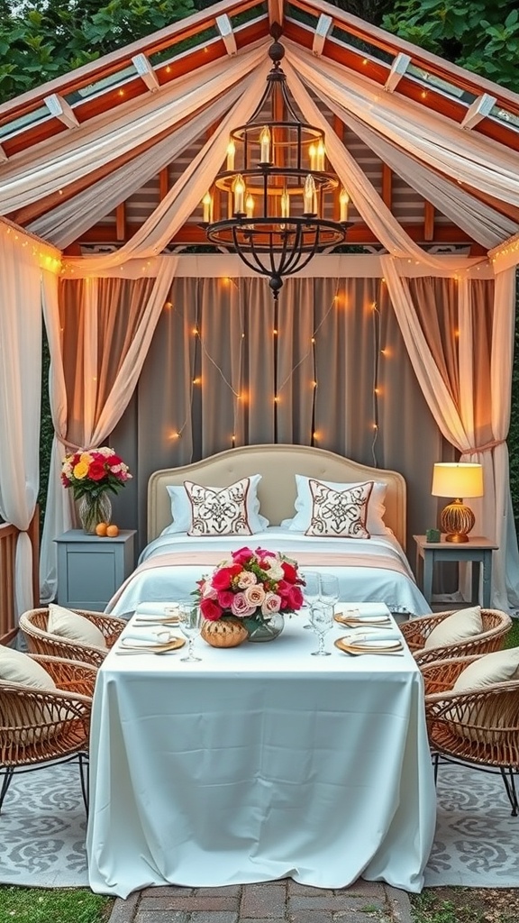 A cozy gazebo with a chandelier, decorated for a garden party, featuring a dining table and comfortable seating.