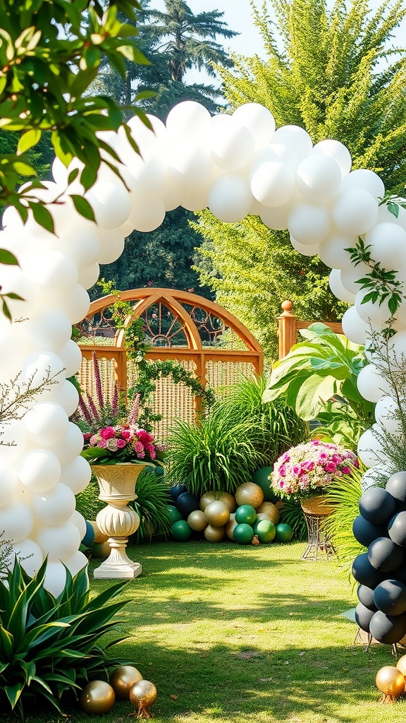 A beautiful garden with a white balloon arch, colorful flowers, and decorative balloons.