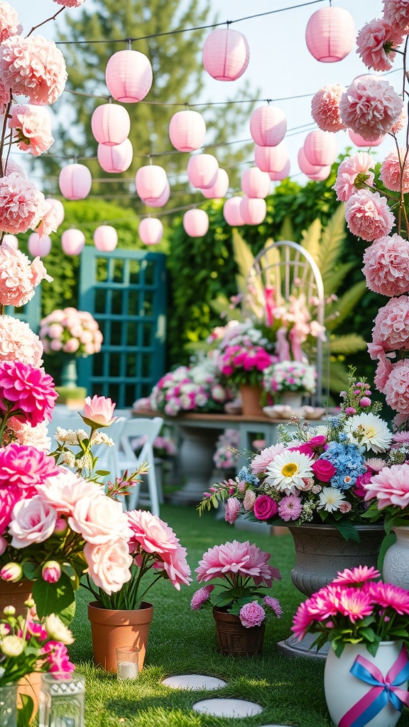 A vibrant garden party setup with colorful flowers and pink lanterns.
