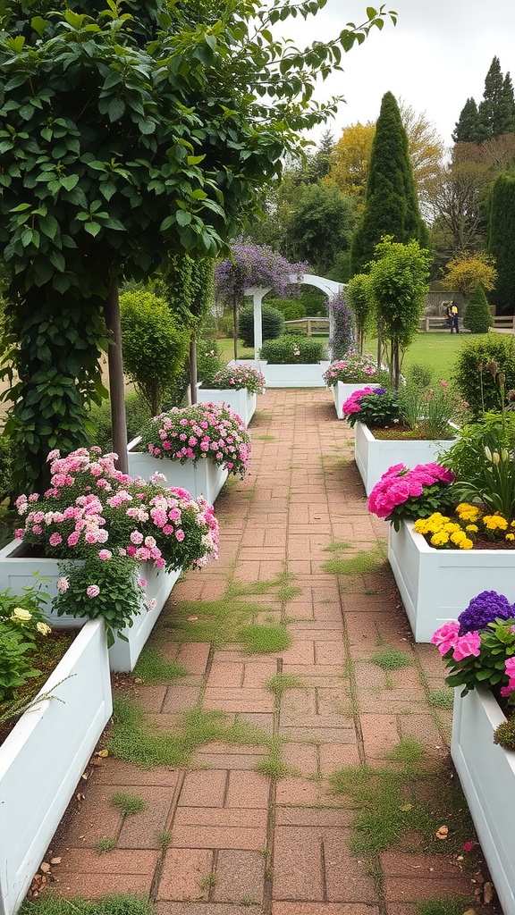 Garden pathway with white raised beds filled with colorful flowers