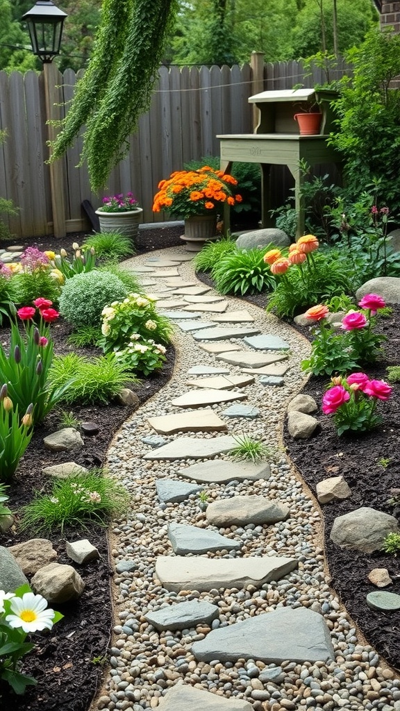 A winding stone pathway through a colorful garden filled with flowers and greenery.