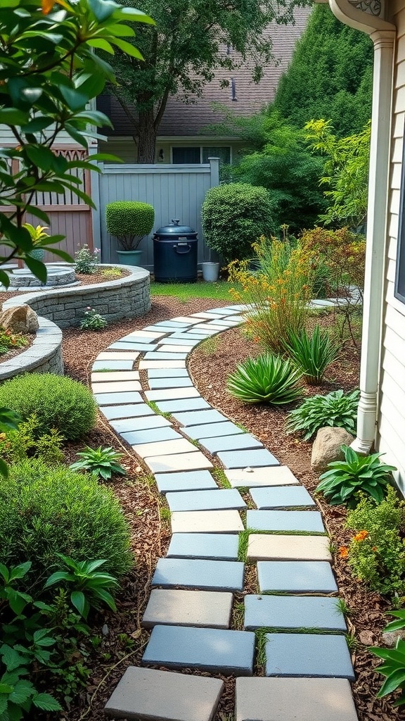 Curved garden pathway made of pavers surrounded by greenery and plants