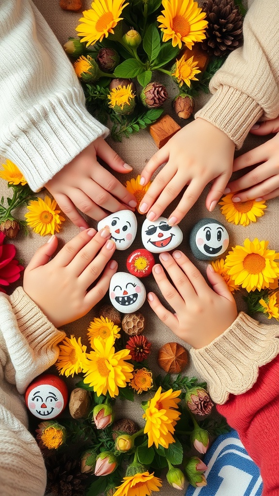 Children's hands arranging painted pebbles with faces, surrounded by flowers and natural decor.