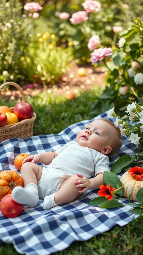 A six-month-old baby lying on a checkered blanket in a garden, surrounded by fruits and flowers.