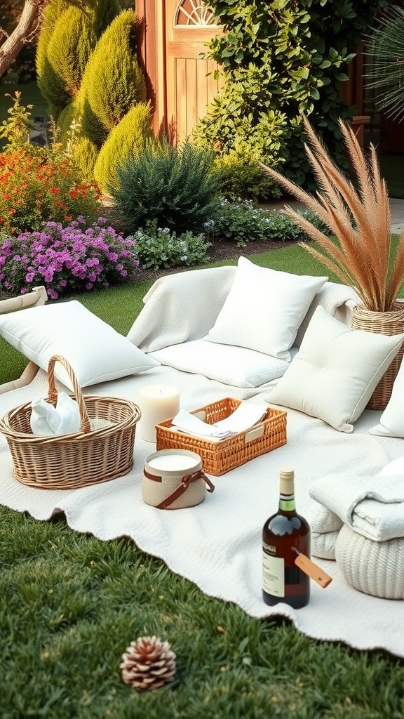 A cozy garden picnic setup with pillows, a picnic basket, candles, and a bottle of wine surrounded by colorful flowers.