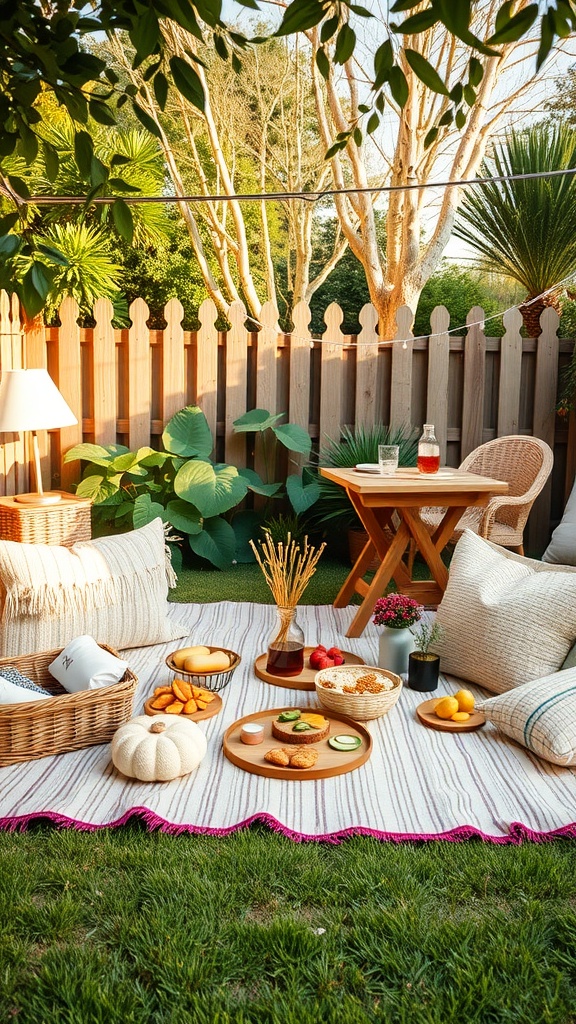 A cozy garden picnic setup with snacks and drinks on a blanket in a grassy area surrounded by lush plants.