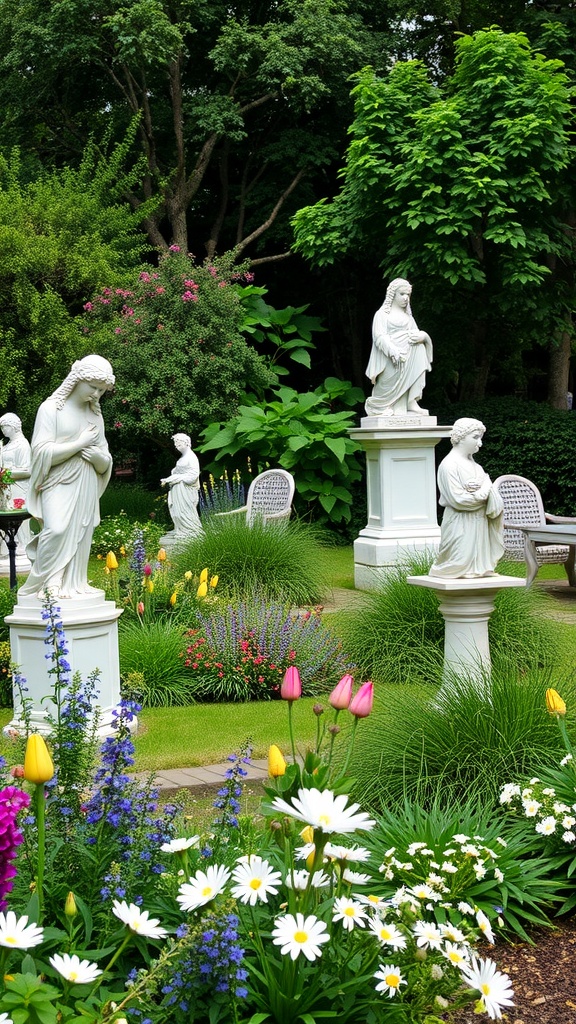 Garden featuring white sculptures surrounded by colorful flowers