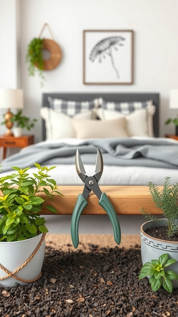A pair of garden shears on a wooden surface with potted plants and soil around.