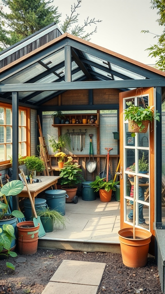 A backyard greenhouse combined with a garden shed, featuring plants and gardening tools.