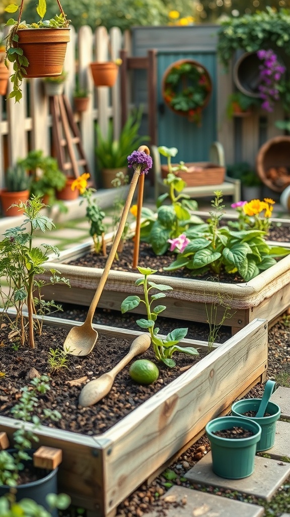 A toddler-friendly garden space with raised beds, colorful plants, and child-sized gardening tools.