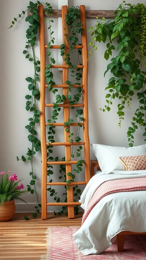 A wooden ladder with green vines, serving as a garden trellis.