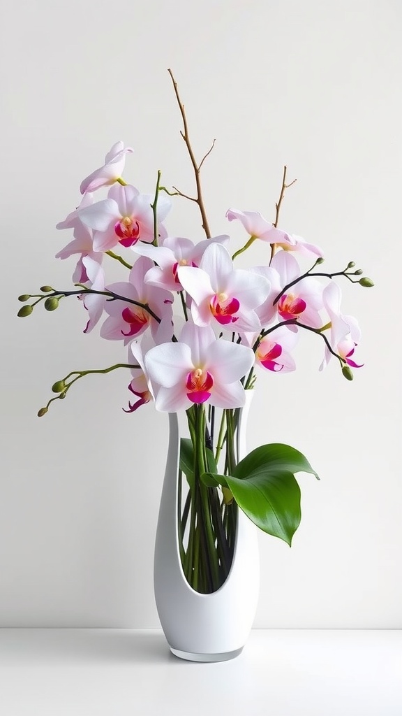 A floral arrangement featuring white gardenias and pink orchids in a sleek vase.