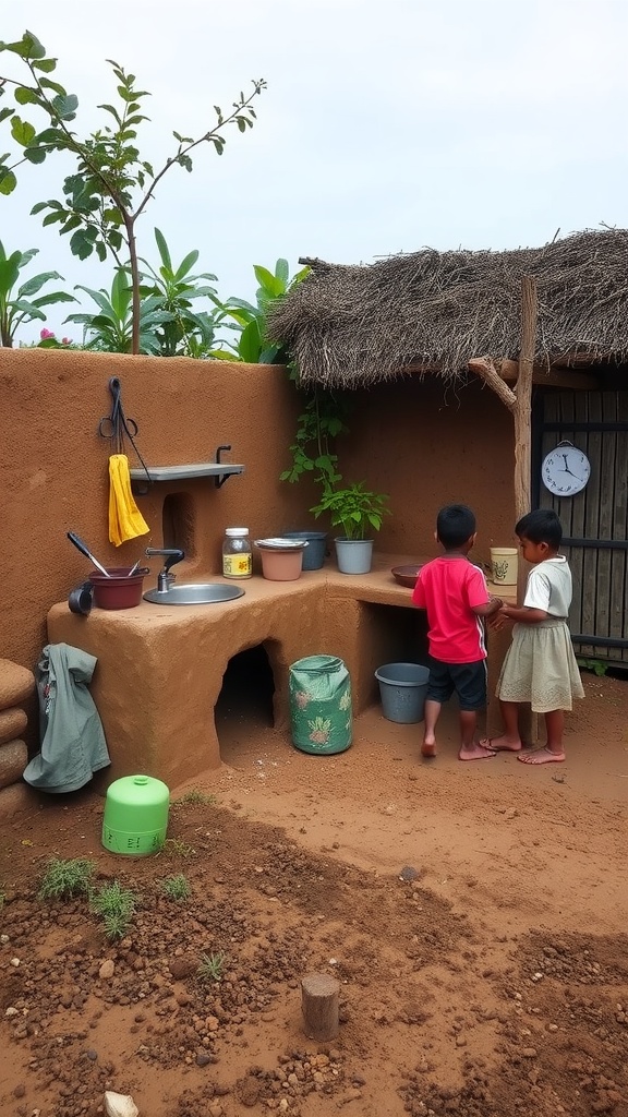 Children playing in a mud kitchen, surrounded by plants and gardening tools.