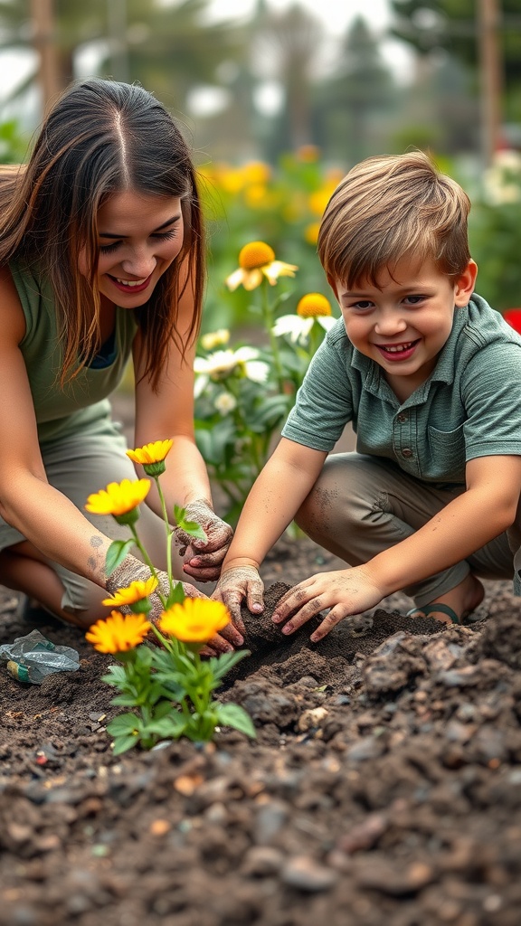 A mother and son planting flowers together in a garden.