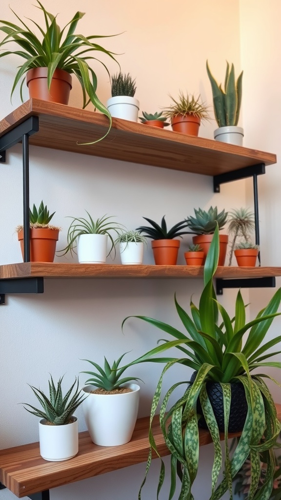 A collection of air plants displayed on wooden shelves in various pots.