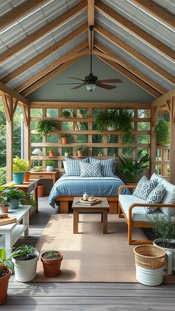 A cozy gazebo with plants, seating, and a warm wooden structure, ideal for gardening workshops.