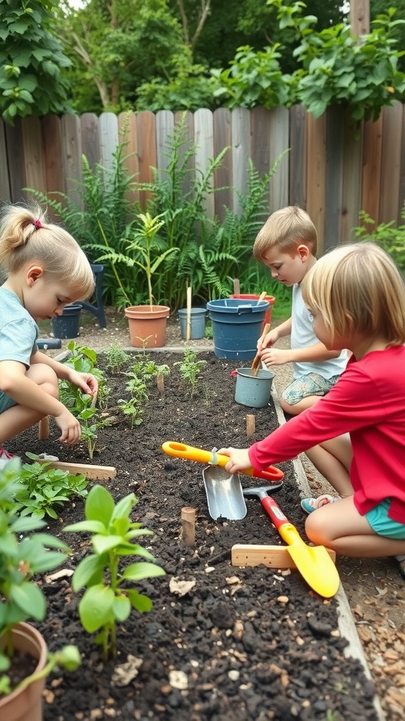 Children gardening in a backyard, planting young plants and using gardening tools.