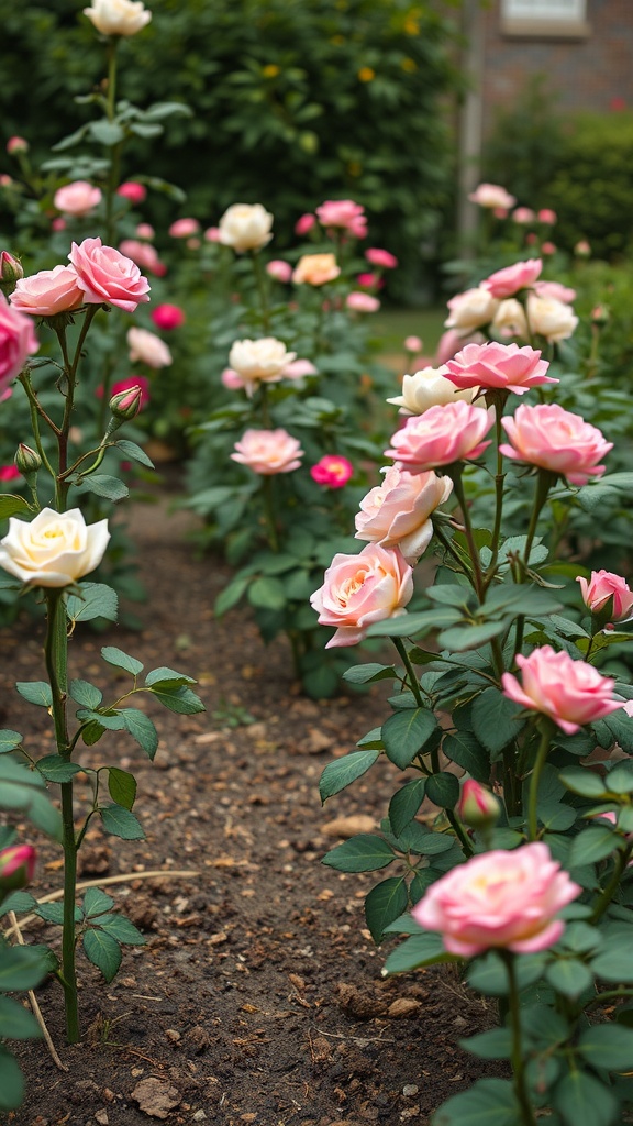 A colorful garden full of blooming roses.