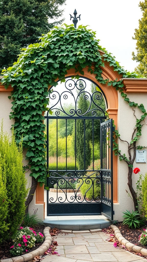 A wrought iron gate surrounded by lush green vines leading into a garden