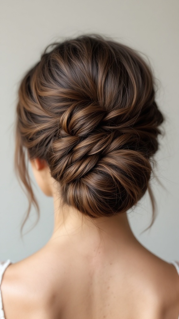 A gathered updo hairstyle with a side braid, featuring a twisted bun and loose strands framing the face.