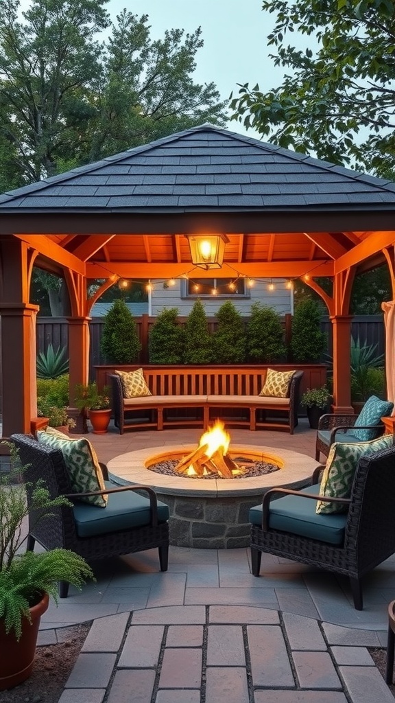 Gazebo with a built-in fire pit surrounded by seating and greenery
