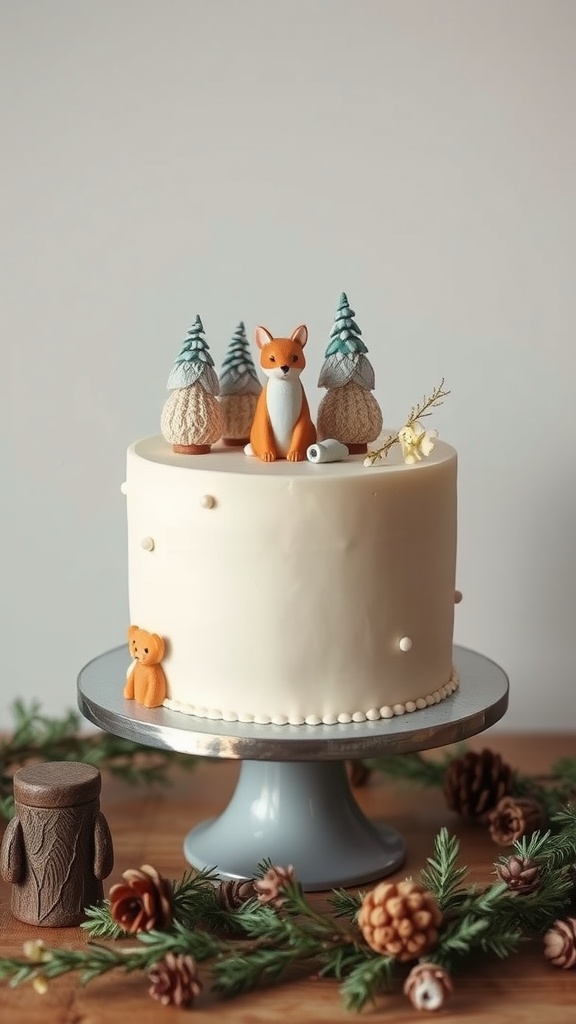 A beautifully decorated gender-neutral cake with a fox and trees on top, surrounded by pinecones.