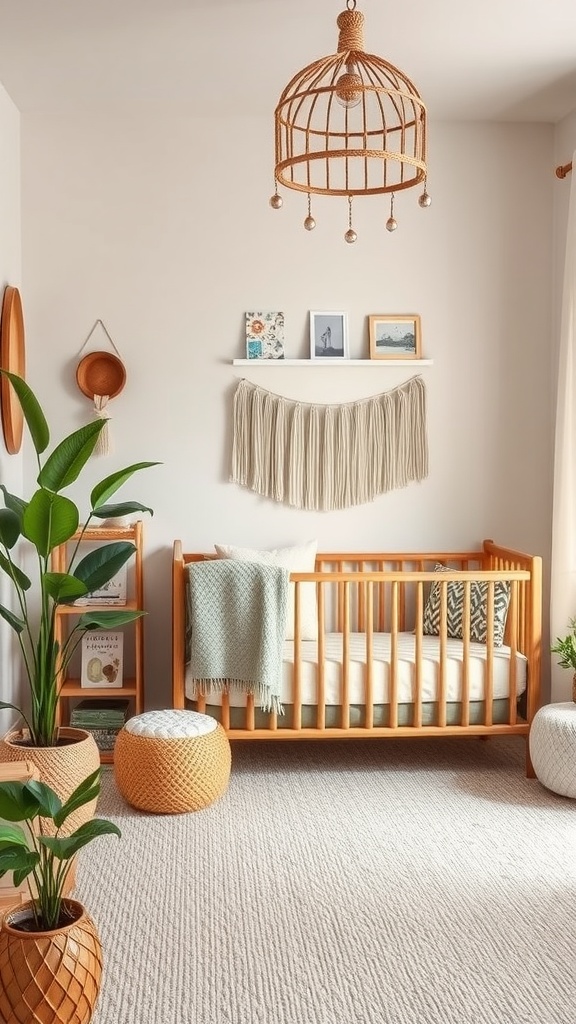 Cozy boho nursery with wooden crib, soft textures, and natural decor