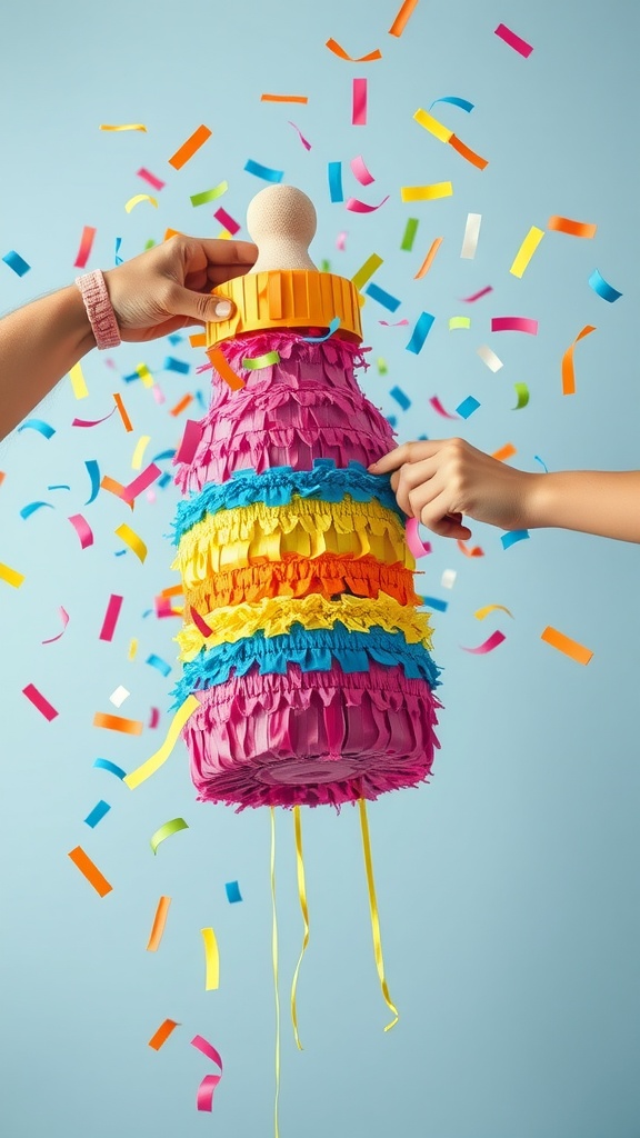 Colorful gender reveal piñata with confetti falling around it.