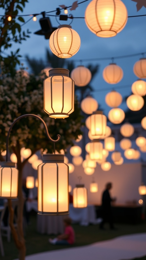 Decorative lanterns glowing softly in a dimly lit setting