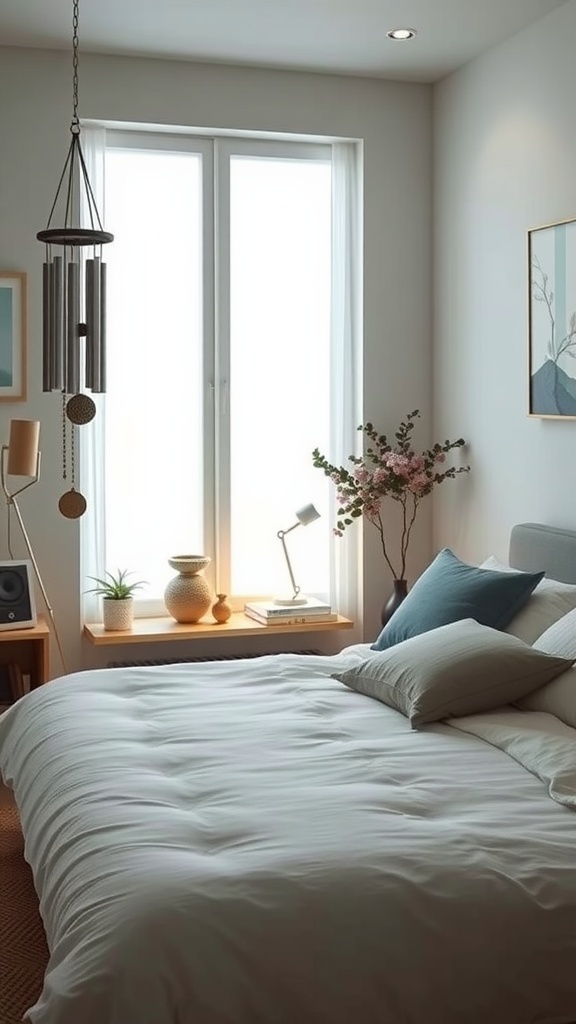 A zen bedroom featuring wind chimes, natural light, and simple decor.