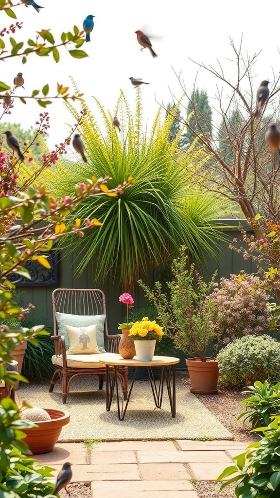 A serene garden setting with a chair, table, and colorful plants, creating a peaceful atmosphere.