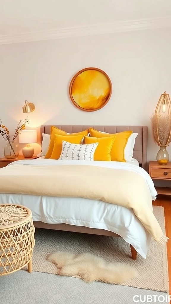 A cozy bedroom with yellow accents, featuring a bed with yellow pillows, a woven basket, and soft textures.
