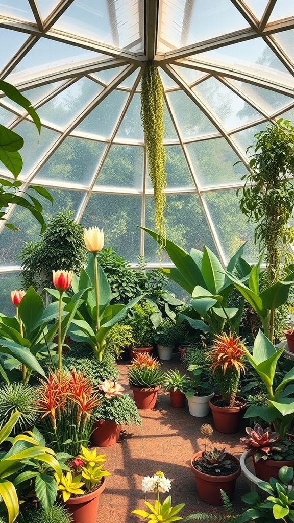 Interior view of a geodesic dome greenhouse filled with various plants and flowers