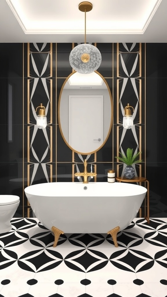 A minimalist black and white bathroom featuring geometric patterns on the floor and walls, with a stylish bathtub and modern lighting.