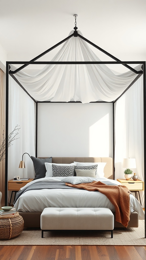 A modern bedroom featuring a geometric canopy design with a sleek black frame and soft white drapes.