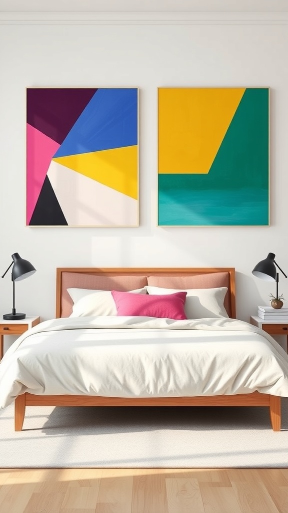 Two geometric canvas paintings in a cozy bedroom setting.