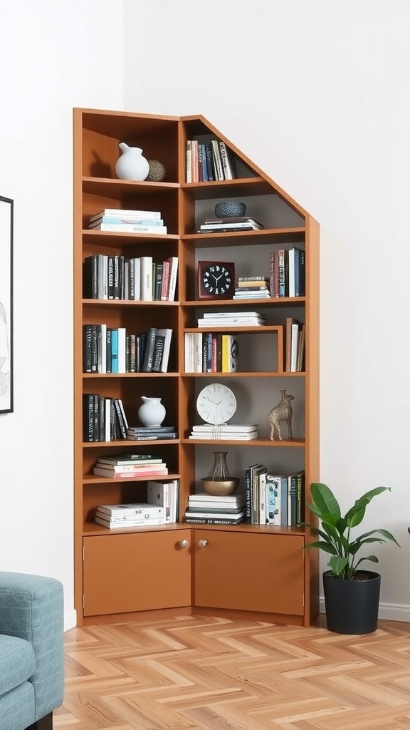 A geometric corner bookcase in warm orange color featuring multiple shelves and closed storage.